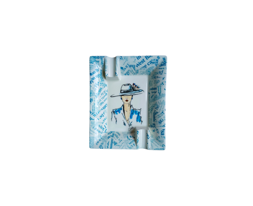 17 Hand Painted Business Woman Cigar Ashtray in Blue - Image 1