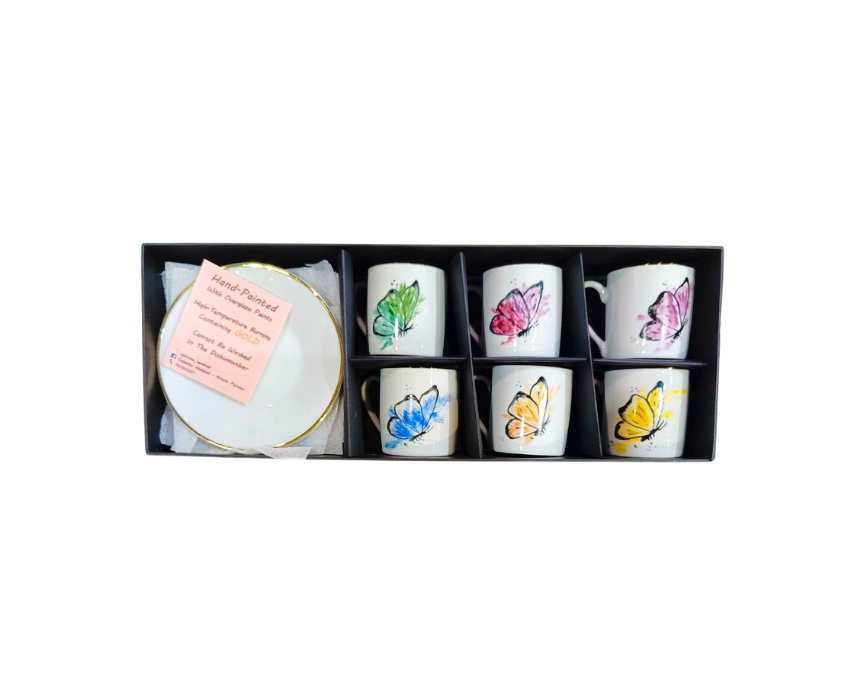 2 Hand Painted Butterly Coffee Cups with Saucer 6pcs - Image 1
