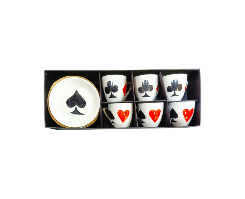 3 Hand Painted Play Card Coffee Cups with Saucer 6pcs - Image 1