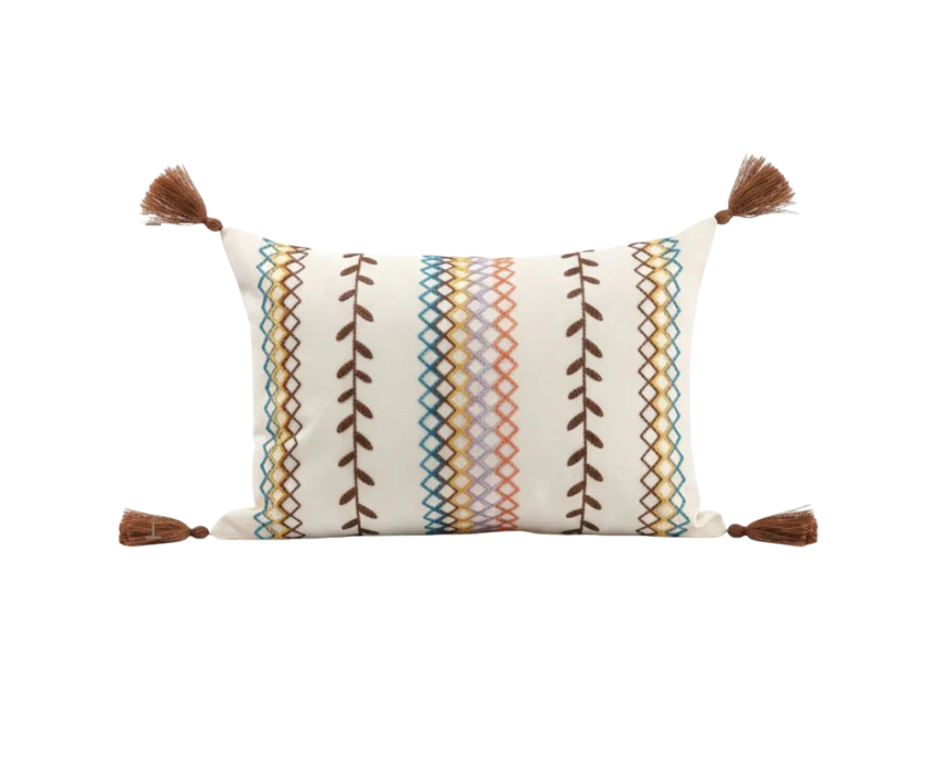 1 Boho Embroidered Rectangular Cushion Cover with Tassels - Image 1