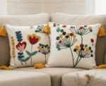 Square Embroidered Cushion Cover with Yellow Tassels - Image 