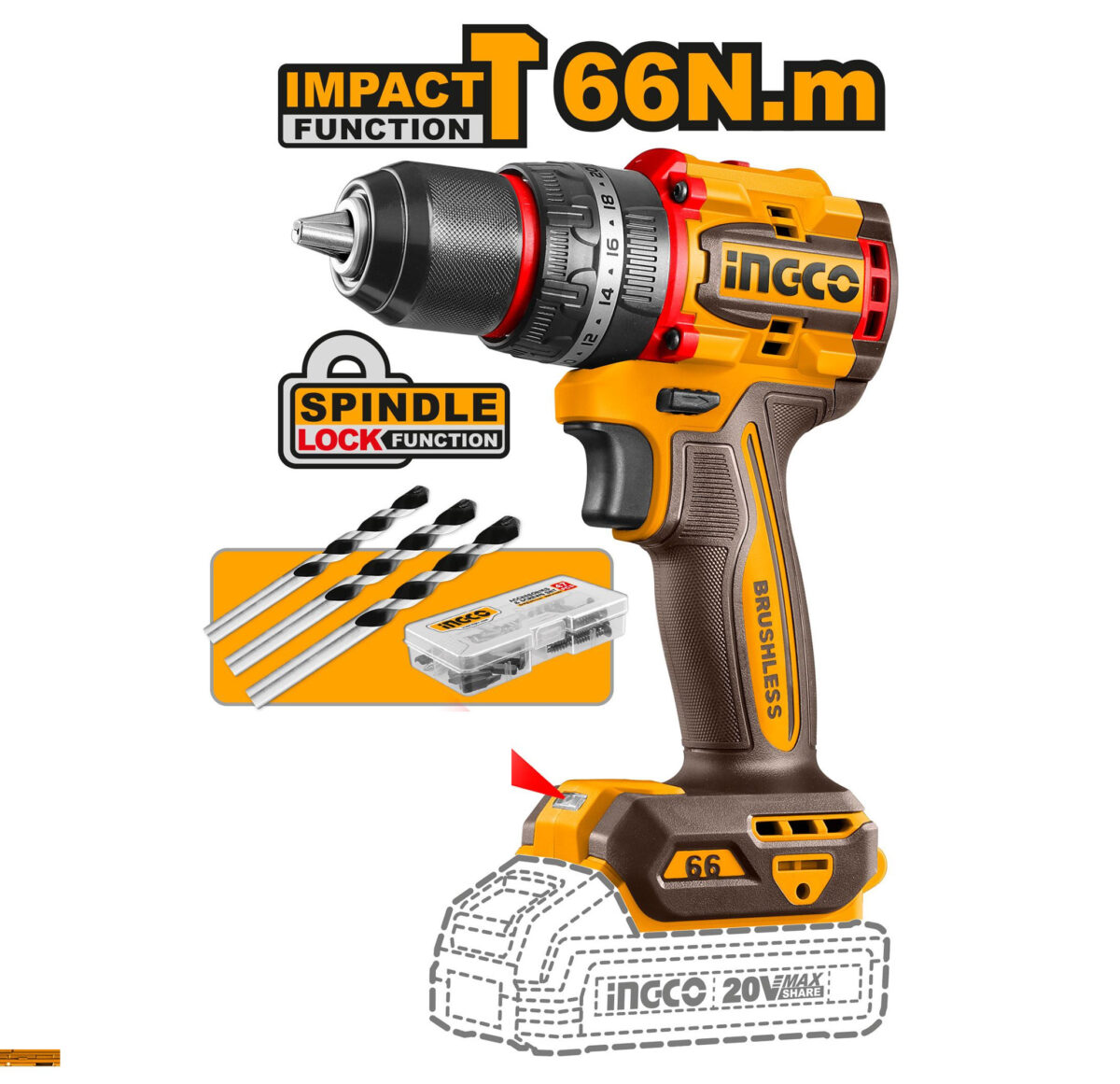 INGCO 20V Impact Drill 66n.m - Image 
