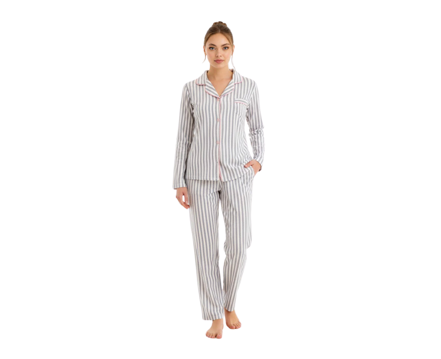 Cagri3034 Striped Fleece Pajama Set in Grey - Image 1