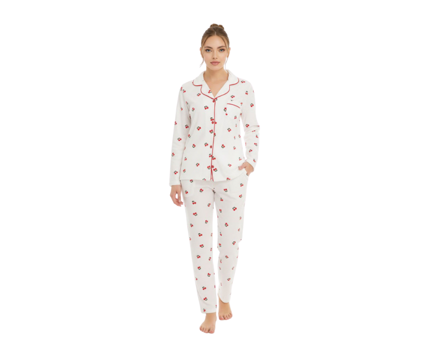 Cagri3051 Red Cherry Fleece Pajama Set in White - Image 1
