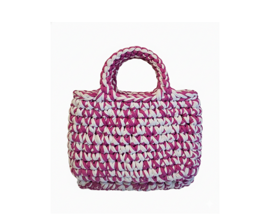 Crochet Bag in White and Fushia - Image 1
