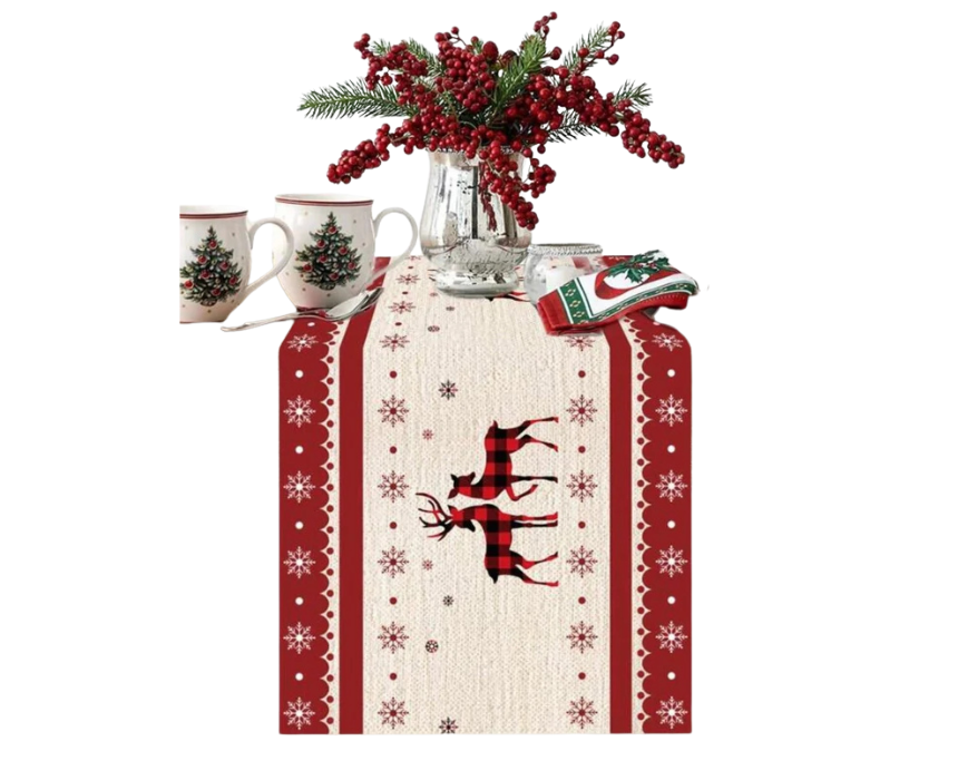 red and beige 1 Snowflakes and Reindeer Table Runner in Red Beige - Image 1