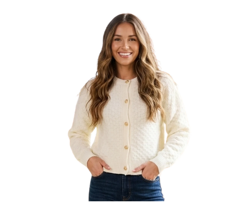 1 Offwhite Long Sleeved Knitwear Cardigan with Button - Image 1