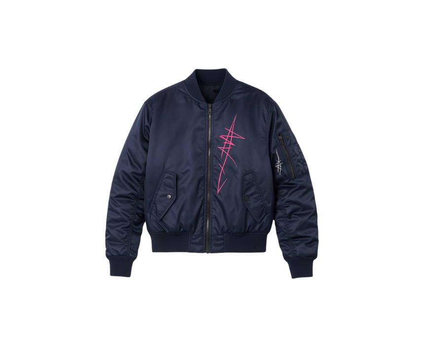 1 Shiny Navy Satin Bomber Jacket - Image 1