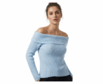 Off Shoulder Blue Knitwear Long Sleeve Pullover - Image 