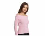 Off Shoulder Pink Knitwear Long Sleeve Pullover - Image 