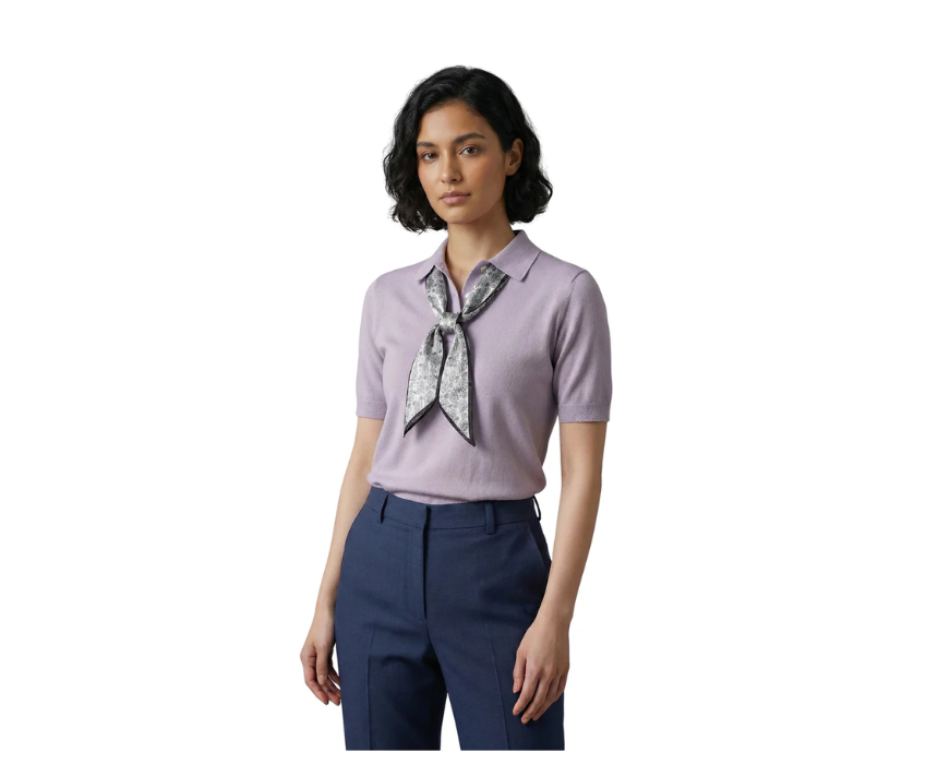 1 Short Sleeve Purple Pullover with Tiny Scarf in Collar - Image 1