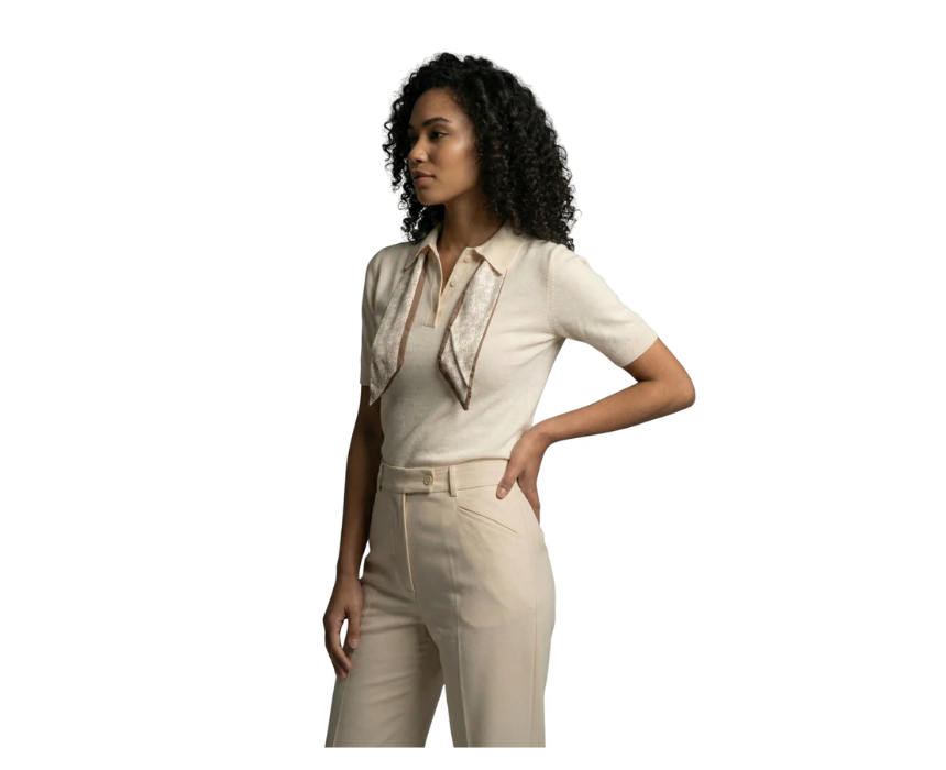 1 Short Sleeve Beige Pullover with Tiny Scarf in Collar - Image 1