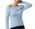 Off Shoulder Blue Knitwear Long Sleeve Pullover - Image 