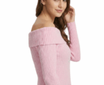Off Shoulder Pink Knitwear Long Sleeve Pullover - Image 