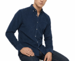 Navy Buttoned Ribbed Velvet Shirt - Image 
