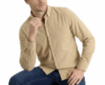 Beige Buttoned Ribbed Velvet Shirt - Image 