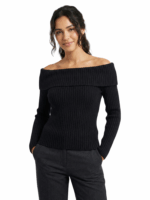 Off Shoulder Black Knitwear Long Sleeve Pullover
