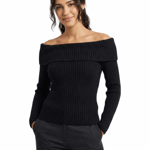 Off Shoulder Black Knitwear Long Sleeve Pullover