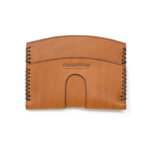 Back view of brown leather card holder with Crosstitch Leather logo and black stitching