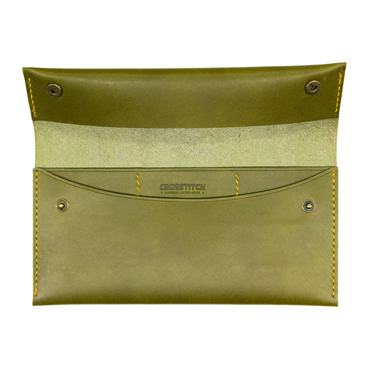 Handmade olive green leather wallet by Crosstitch Leather featuring snap buttons and a spacious interior.