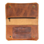 Handmade waxy cognac leather tobacco pouch open empty