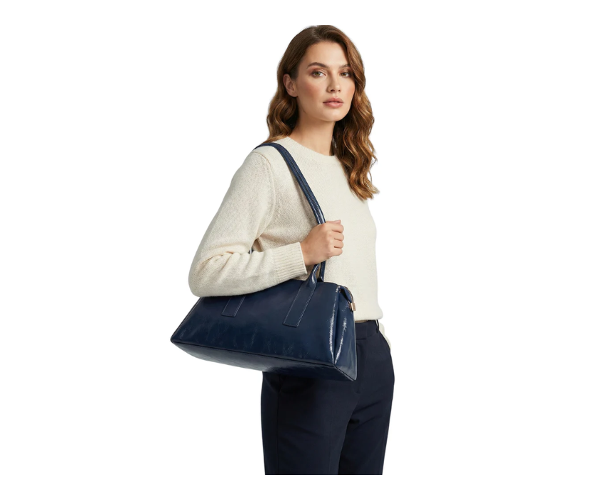 Untitled design (2) Navy Large Handle Bag With Long Strap - Image 1