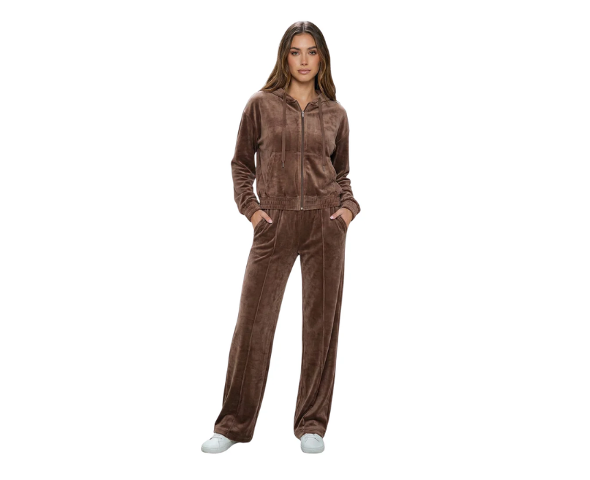 Untitled design (7) Long Sleeve Velvet Jacket With Jogging Brown Set - Image 1