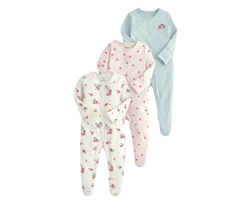 8 Sleepsuits Pack of 3 in Geranium Print - Image 1