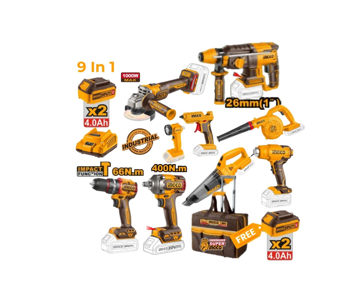 9 IN 1 INGCO Tool Combo – Drill, Hammer & Accessories Set - Image 1