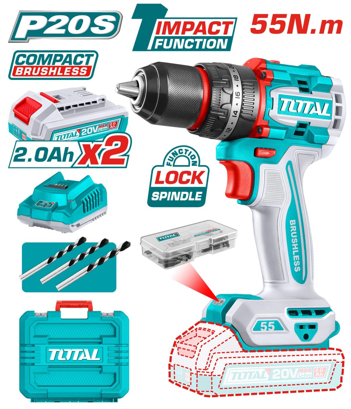 Total 20V Compact Brushless Impact Drill 55n.m - Image 