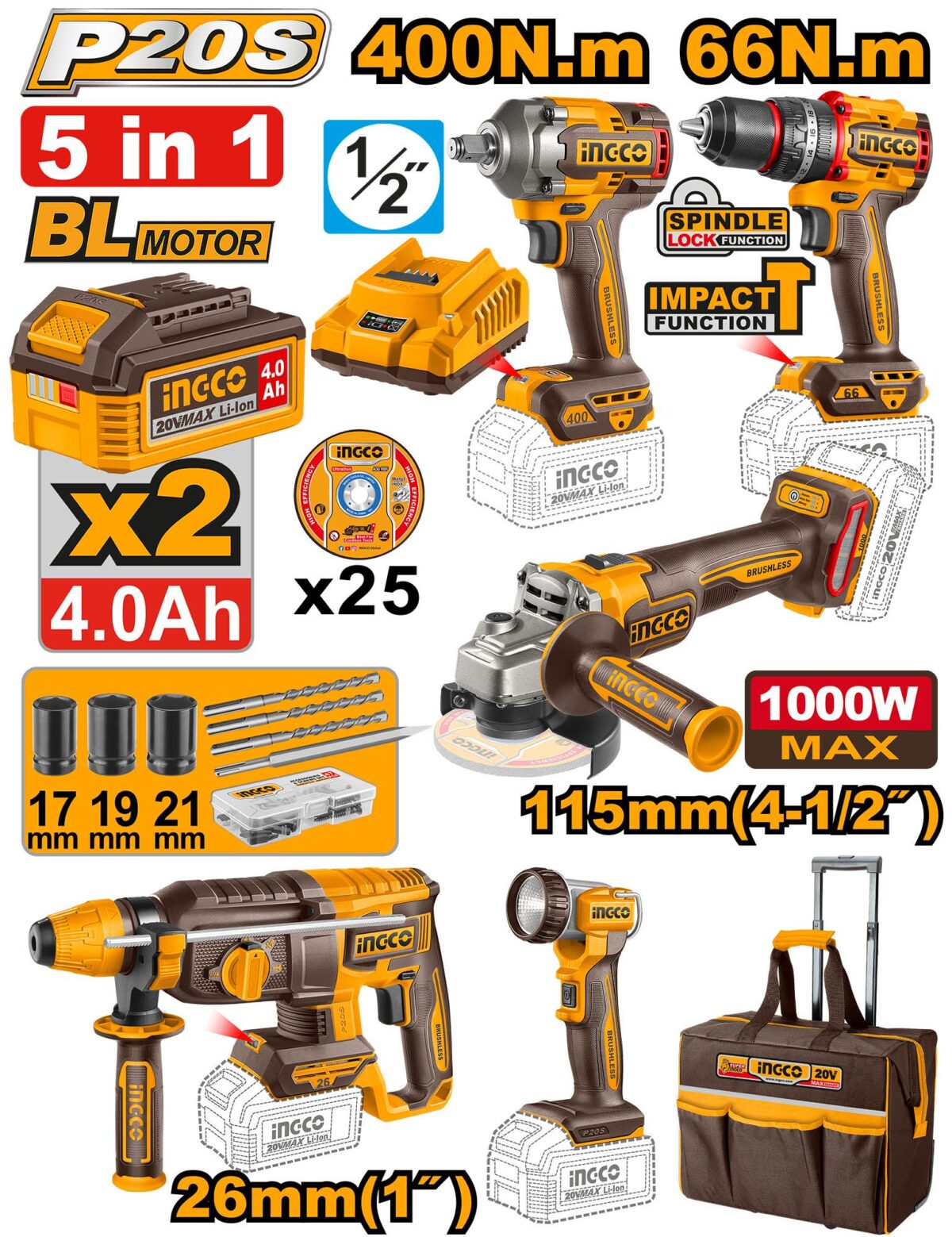 INGCO 5 in 1 20V Cordless Combo 2026 New Model(SDS-impact drill and wrench-Angle Grinder-Lamp-Large Bag) - Image 1