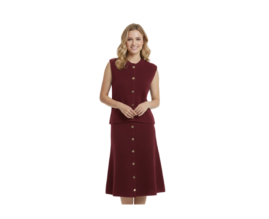 Untitled design (3) Bordo Knitted Set With Gold Button Design - Image 1