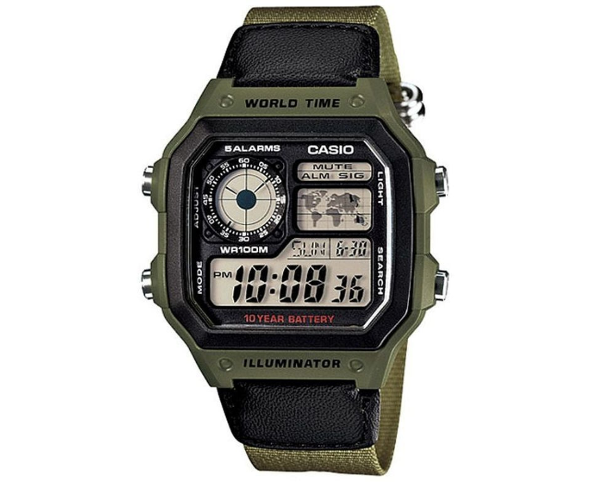 Untitled design Casio Glu Watch Digital Green Case Black Panel Cover Green Cloth Strap AE 1200WHB 3BVDF - Image 1