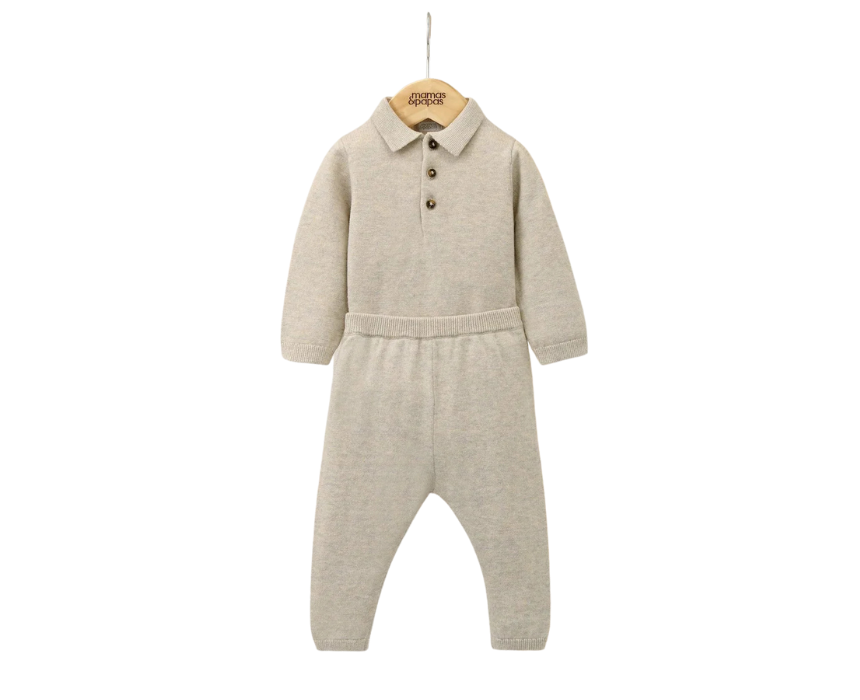 1 Oatmeal Knit Polo Bodysuit and Bottoms Set - Image 1