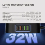 Tower Extension Cord (4 Outlets, 4 USB Ports, & Wireless Charger) - Image 