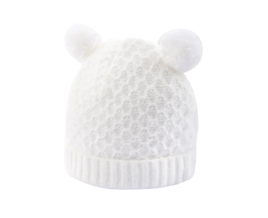 24 Rib Knit Hat and Pom Poms in White - Image 1