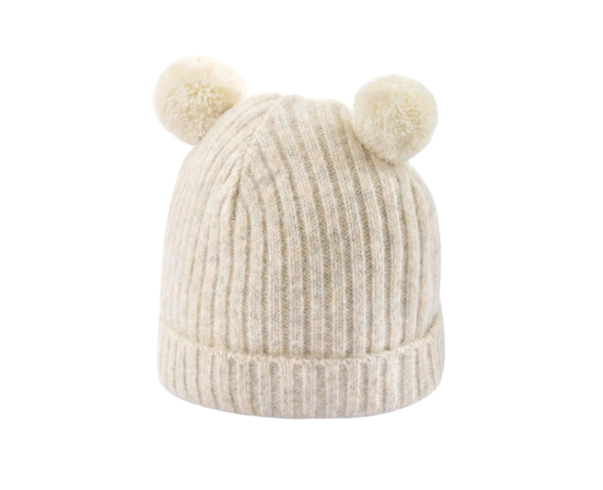 51 Rib Knit Hat with Pom Poms in Oatmeal - Image 1