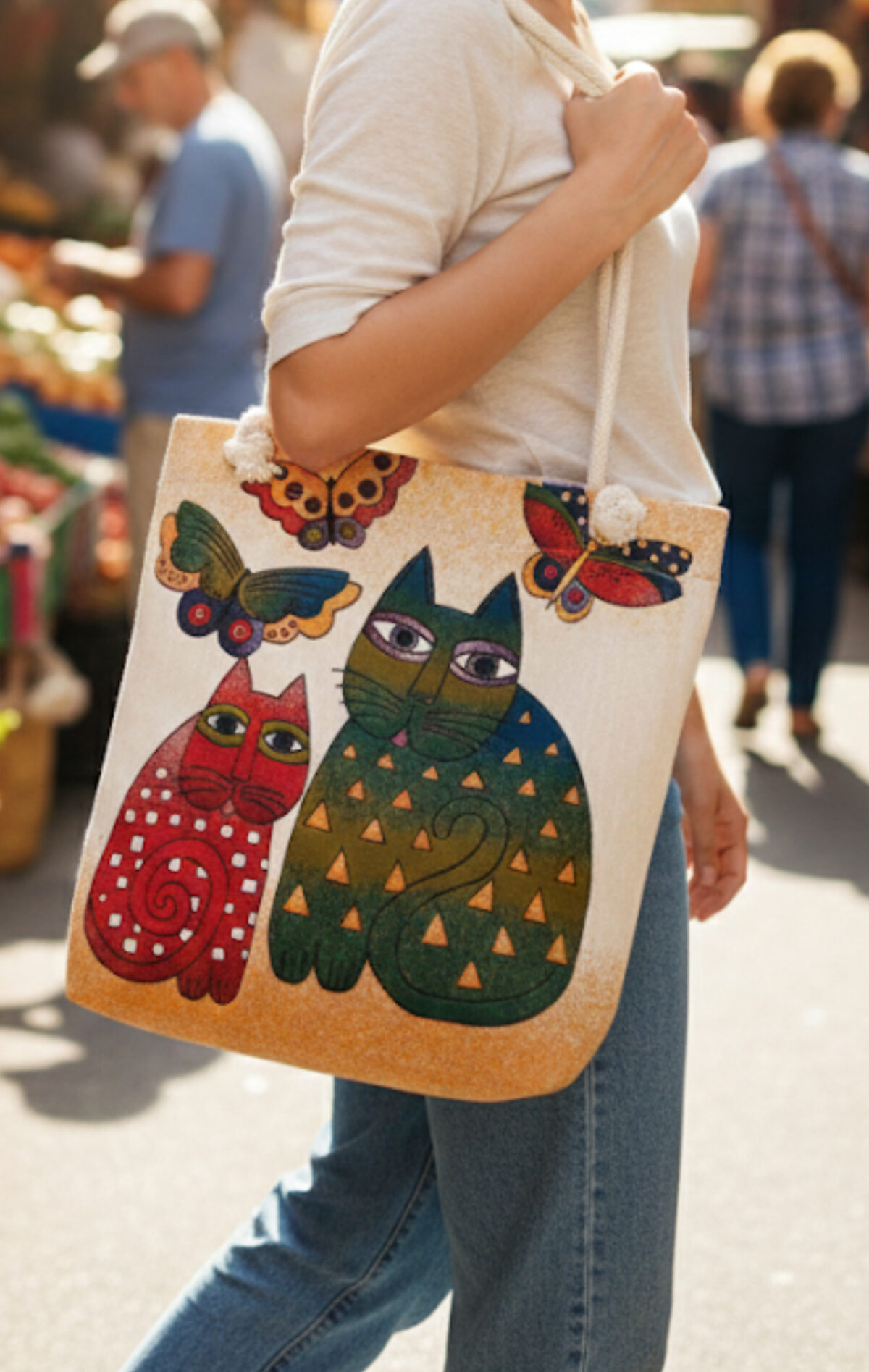 Artistic Folk-Art Cat Tote Bag - Image 