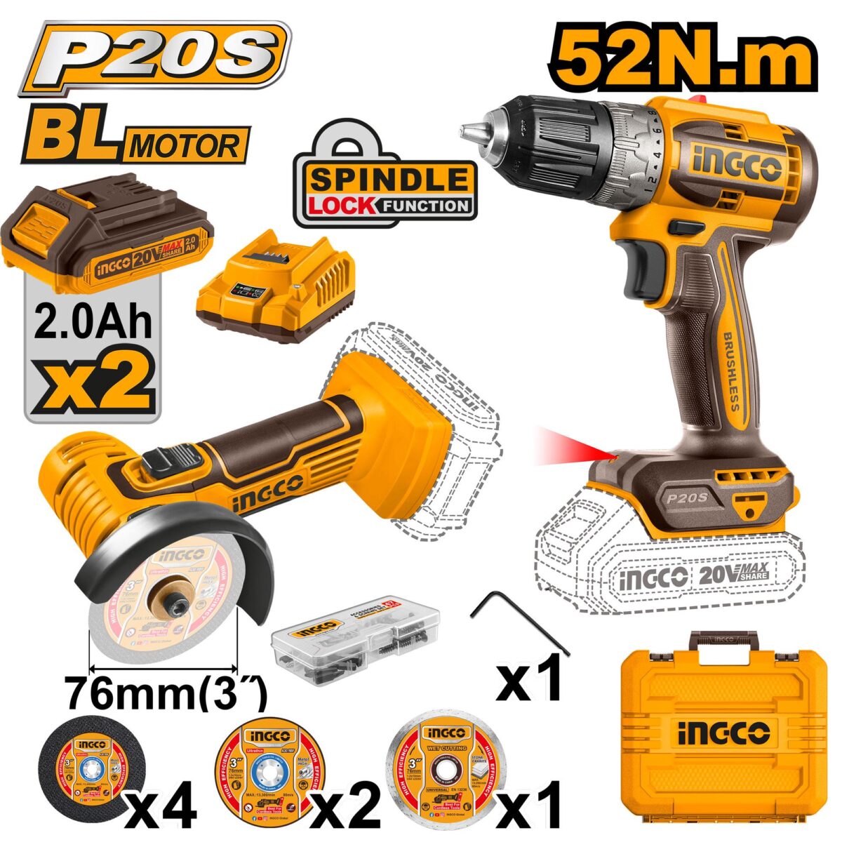 INGCO 20V BL Cordless Mini angle grinder and 52nm Drill with 2 batteries and charger kit - Image 1