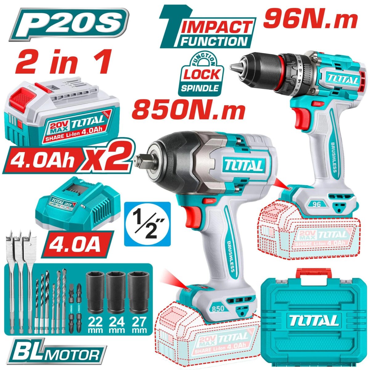TOTAL 20V Cordless Brushless 850N.m Impact Wrench and 96N.m Impact Drill with two 4Ah batteries and fast charger - Image 1
