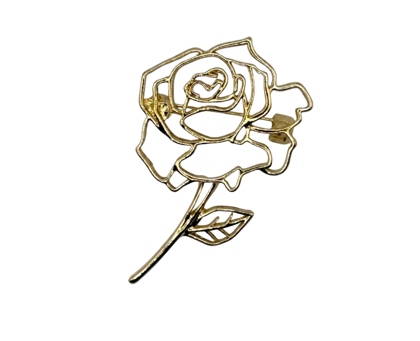 1 Elegant Long Stem Hollow Rose Brooch Gold Tone - Image 1