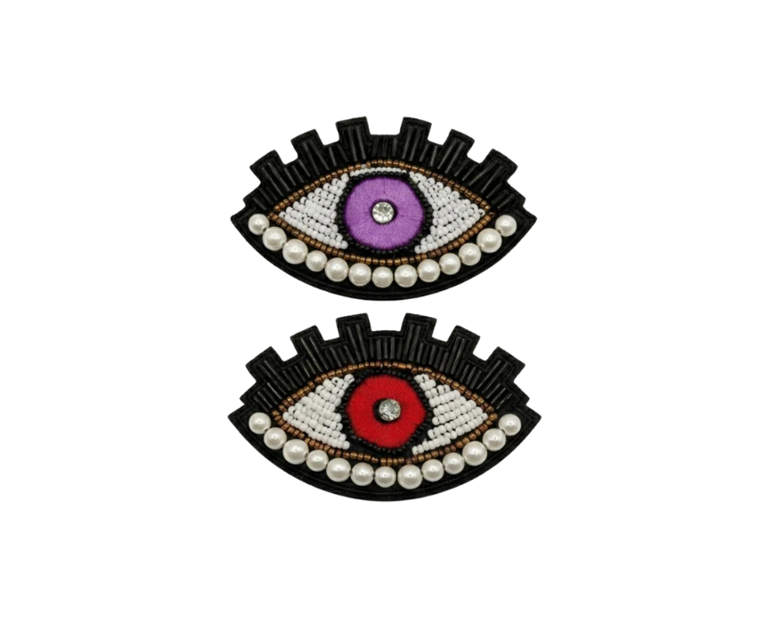 1 Hand Embroidered Pearl Evil Eye Brooch Beaded Statement Pin Red And Purple - Image 1