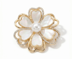 Pearl And Crystal Clover Flower Brooch Gold Tone - Image 