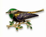 Colorful Enamel Songbird Brooch Bird On Branch - Image 