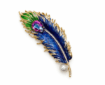 Royal Peacock Feather Brooch With Amethyst Hued Crystal - Image 