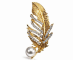 Crystal And Pearl Feather Brooch Gold Or Silver - Image 