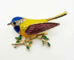 Colorful Enamel Songbird Brooch Bird On Branch - Image 
