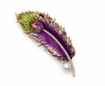 Royal Peacock Feather Brooch With Amethyst Hued Crystal - Image 