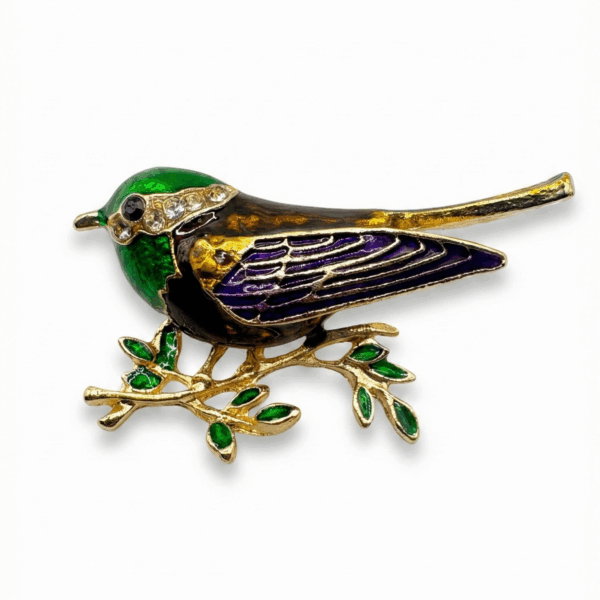Colorful Enamel Songbird Brooch – Bird on Branch