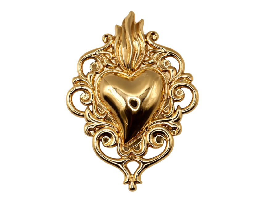 puzzle games, construction toys, educational toys, model building, creative hobbies, brain teaser, family activities, collectible decor Gold Flaming Sacred Heart Brooch Baroque Ex Voto Pin - Image 1